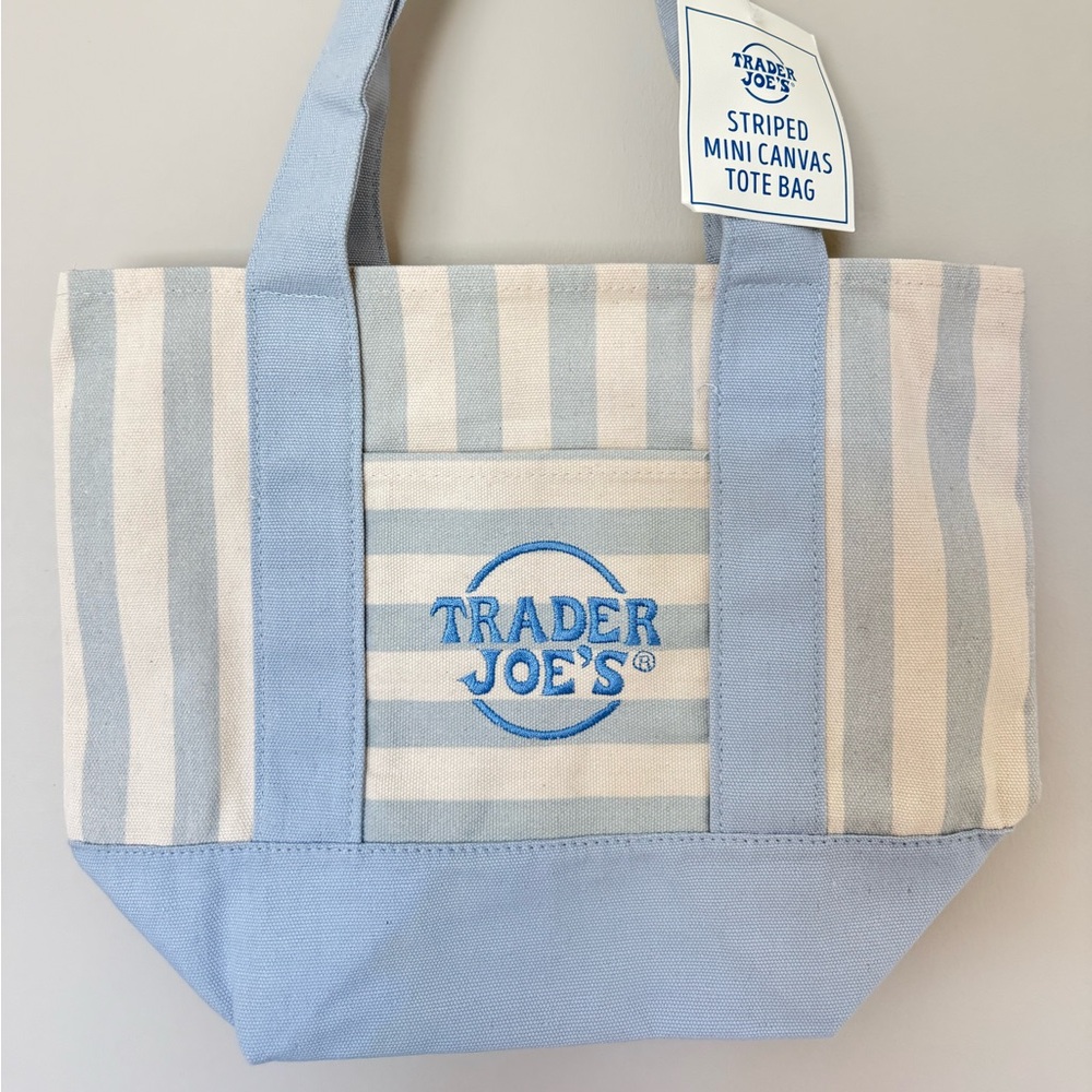 Trader Joe's Striped Mini Canvas Tote Bag - Light Blue & Cream